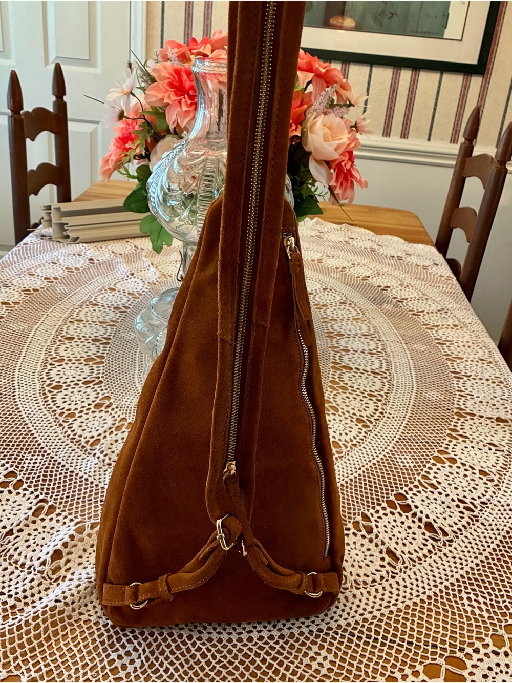 NWT Made in India Brown Suede Women’s Backpack/Sling Bag - Picture 7 of 11